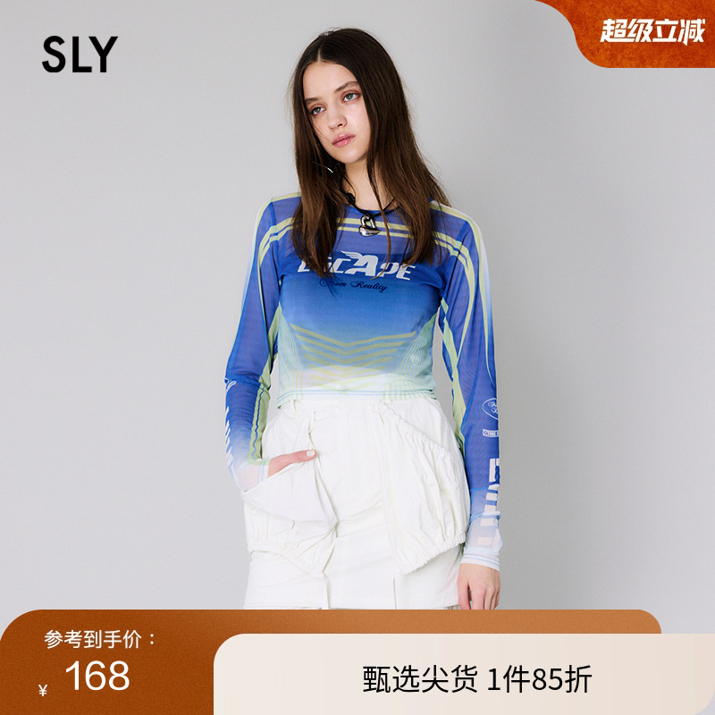 SLY渐变色图案Y2K玫瑰薄纱T恤