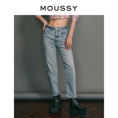 爆款MOUSSY 2023冬季新品蓝色直筒毛边牛仔裤法棍裤010GSS11-2660