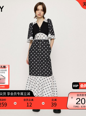 SLY 春季复古少女花卉图案喇叭袖连衣裙女030GSZ33-4210