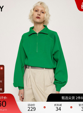 SLY 冬季新品拉链半开领灯笼袖简约休闲卫衣030GSZ70-0480