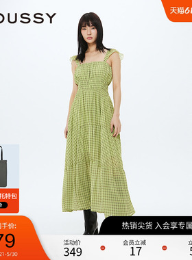 MOUSSY 春季海边度假风方领格纹木耳吊带连衣裙女028HSS30-2011