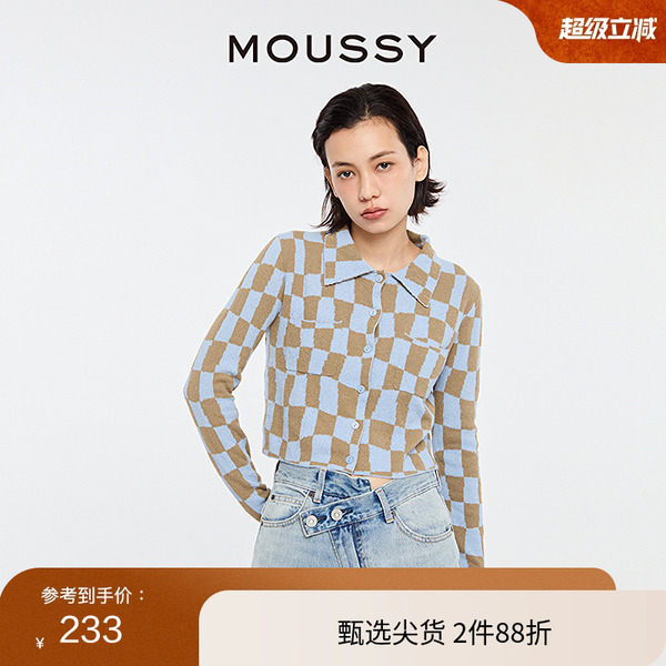 MOUSSY复古日系棋盘格针织开衫