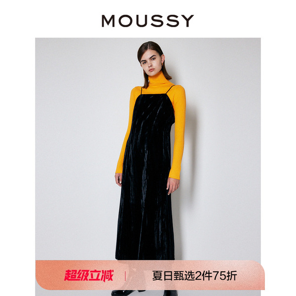 MOUSSY  冬季新品纯色细带收腰露背连衣裙女010FAW30