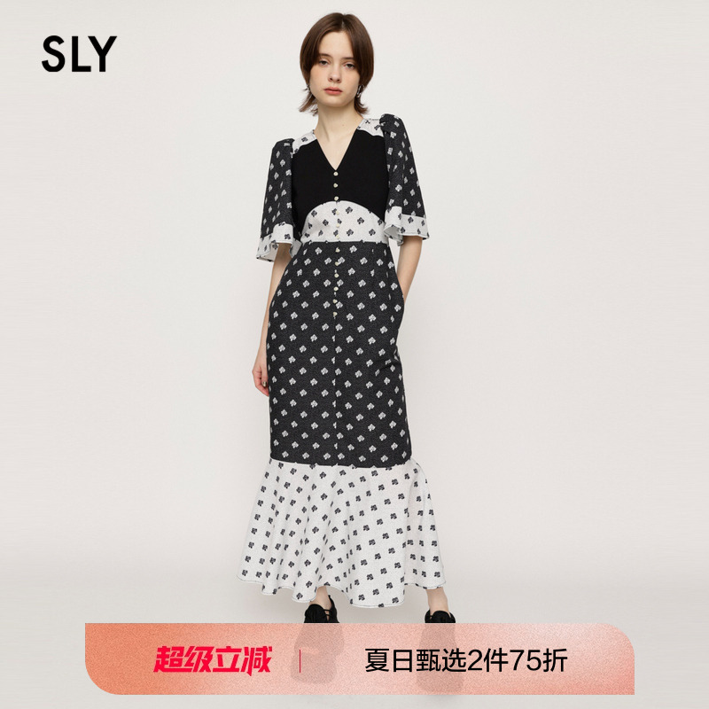 sly复古少女花卉喇叭袖连衣裙