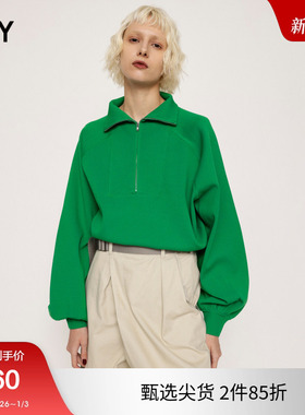 SLY 冬季新品拉链半开领灯笼袖简约休闲卫衣030GSZ70-0480