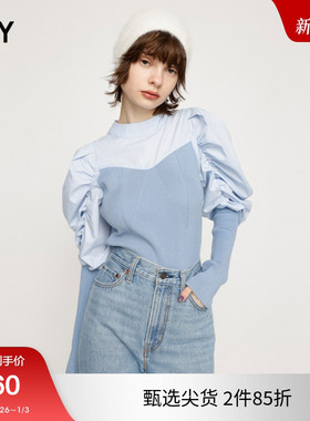 SLY春夏新品法式优雅甜美羊腿袖针织拼接衬衫030GAZ70-2600