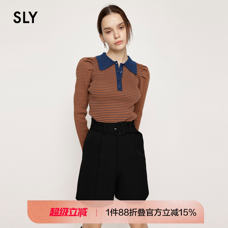 SLY2023冬季新品知识分子穿搭泡泡袖上衣条纹针织衫030GA