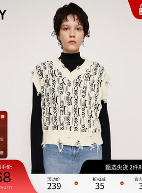 SLY冬季新品日系复古针织破洞针织背心马甲女G