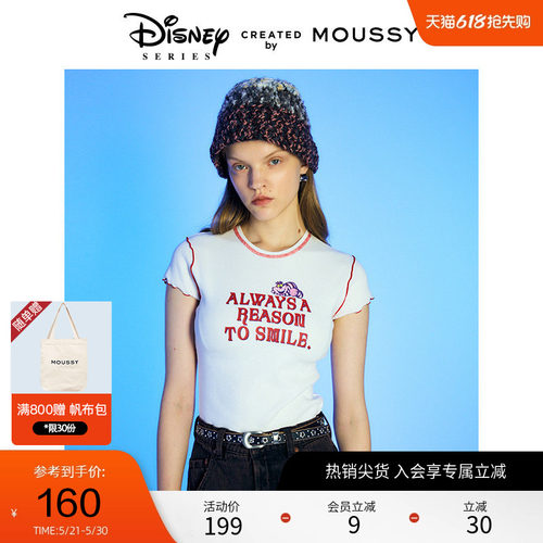 moussy 春季迪士尼联名爱丽丝花边短袖T恤010HA890-0741