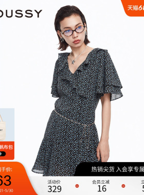 MOUSSY 春季甜美学院风V领荷叶边茶歇裙碎花连衣裙028HSZ30-1811