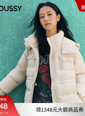 moussy 2025秋季新品口袋拼接连帽90羽绒服外套女028IAC30-1097