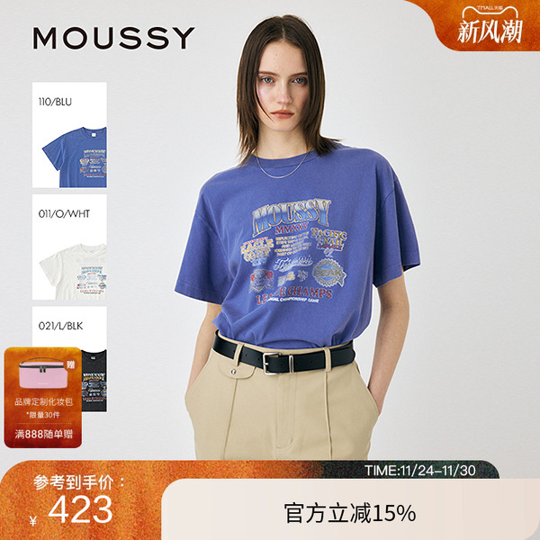 MOUSSY 2025夏季新品美式复古风印花做旧短袖T恤女010ISQ90-6851