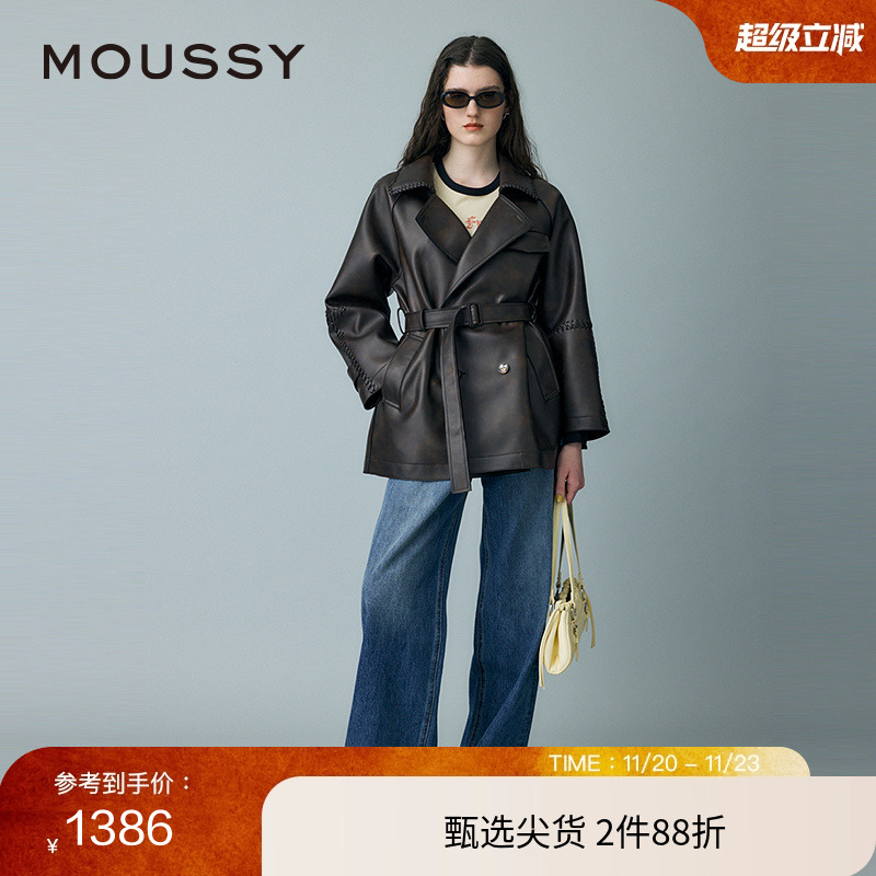 MOUSSY 2025春季新品复古港风翻领中长款皮质外套女010ISH30-0571