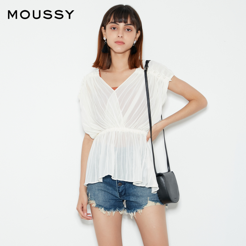 moussy奥莱 轻薄微透视V领雪纺衬衫背心女010EA230-