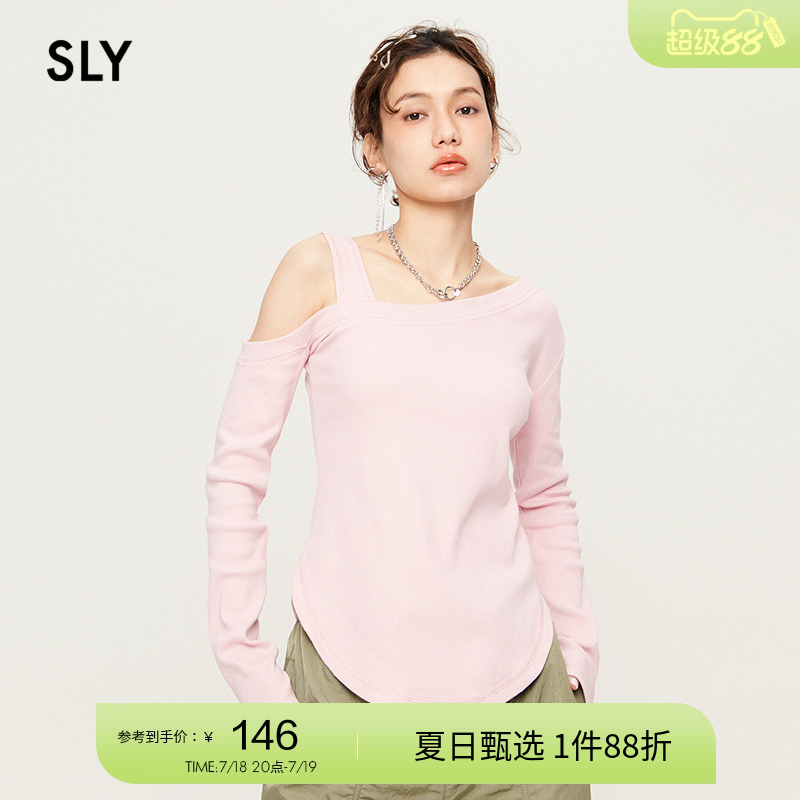 SLY单边露肩设计斜领条纹T恤