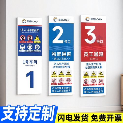 厂区车间门口号码标识牌仓库生产消防通道物流通道1号门指示牌办公室工厂安全生产进入生产区严禁烟火标语