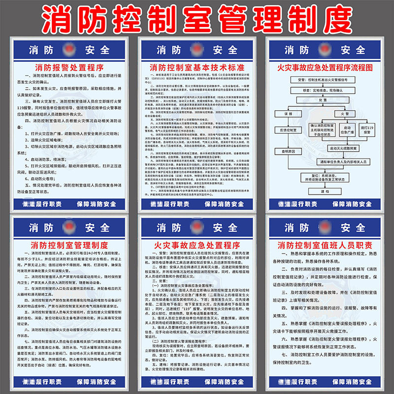 消防控制室火灾事故报警应急处置程序流程图值班室人员职责制度消防水泵房安全管理制度牌操作流程规程牌定制 - 实物图