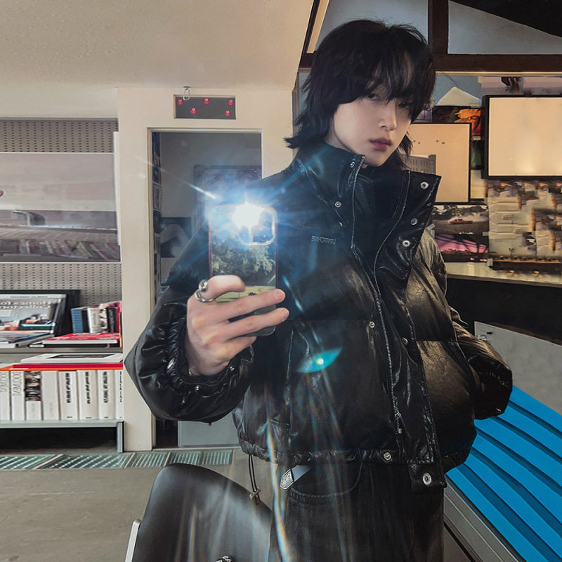 高级感PU皮短款棉衣男士冬季