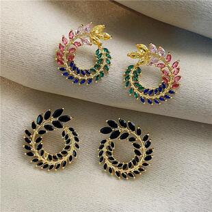 高级感麦穗锆石耳环女S925银针凤尾设计优雅气质耳坠搭配礼服耳饰