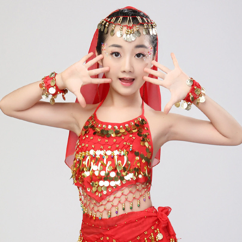 新款儿童肚皮舞服装 练习少儿印度舞蹈表演出服小孩辣椒肚兜上衣