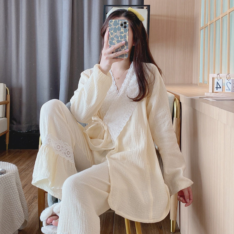 纯色蕾丝宫廷夏季薄款纱布和服棉月子服孕妇睡衣产后哺乳家居服
