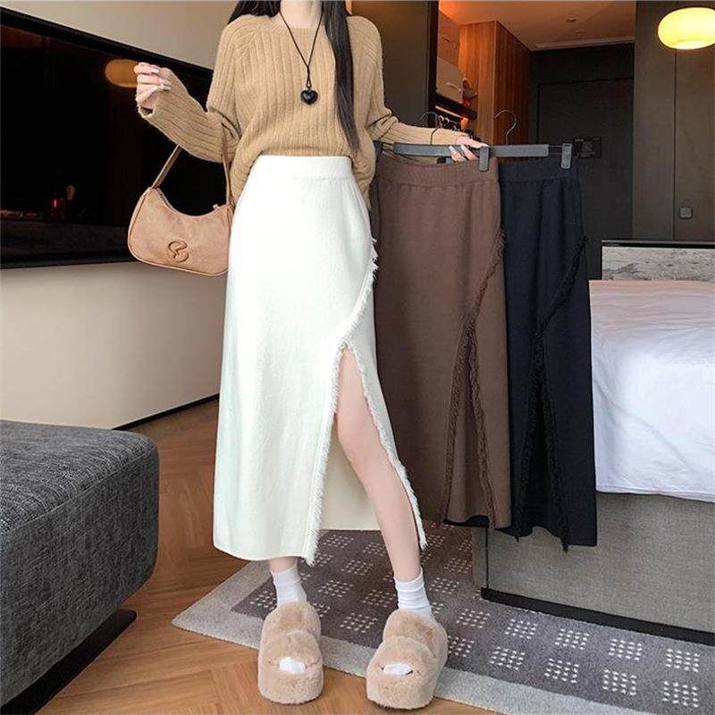 气质流苏开叉针织半身裙女秋冬季新款高腰显中长款裙包臀裙子女
