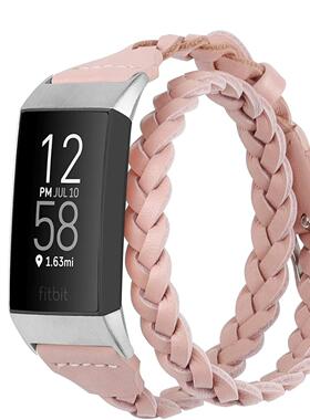 适用于charge3-4编织双圈印花皮表带智能手表头层表带