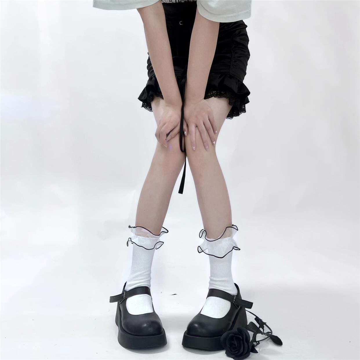 日系浪漫撞色透明水晶纱花边棉袜甜酷少女jk制服中筒学生堆堆袜女