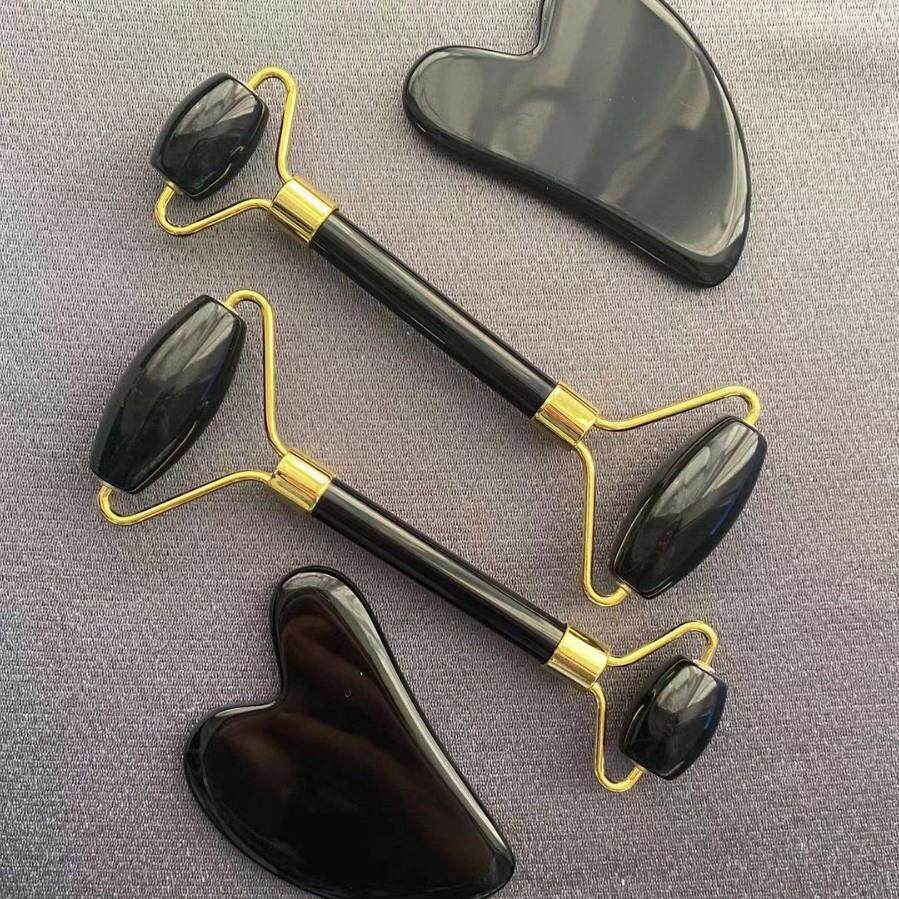 黑曜石玉石滚轮刮痧板套装黑曜石刮痧板面部刮板礼物