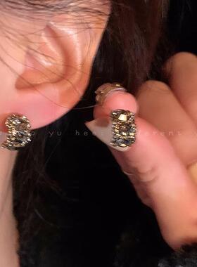 S925银针黑色锆石耳钉女复古轻奢高级感C型耳环法式个性耳饰