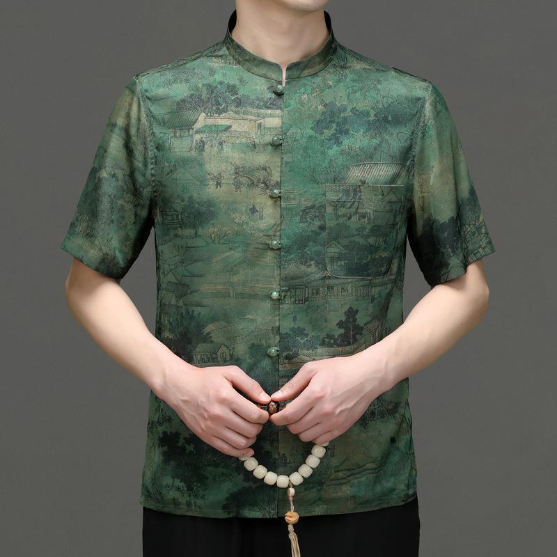 新款唐装男短袖套装中国风汉服夏季薄款上衣中老年休闲宽松新中式