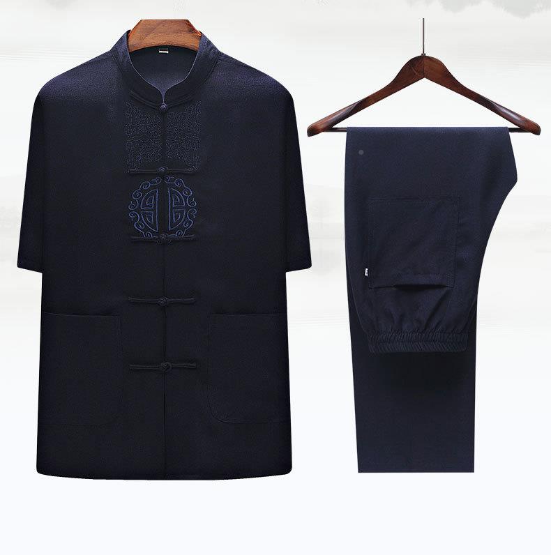中国风中式棉麻男士唐装套装上衣短袖中老年男装夏季衬衫服