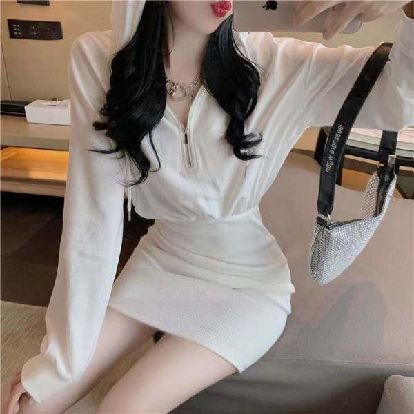 色连帽卫衣裙收腰连衣裙女秋冬季包臀短裙女装外贸