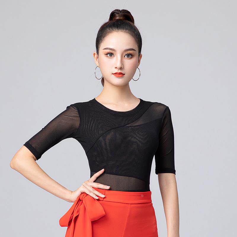 拉丁舞服上衣女成人连裆新款跳舞蹈服装网纱国标形体练功衣服中袖