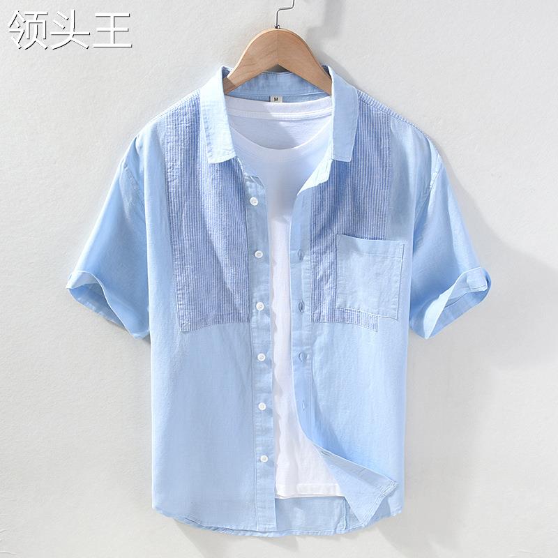夏季男士亚麻短袖薄款衬衫条纹拼接休闲方领青年撞色棉麻衬衣929