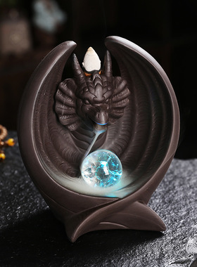 欧式紫砂倒流香炉 创意紫砂翼龙LED灯倒流香炉家用茶道 摆件礼品