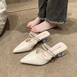 粗跟色水鉆涼鞋 時尚 尖頭高跟鞋 2026款 日常休閑淑女包頭拖鞋