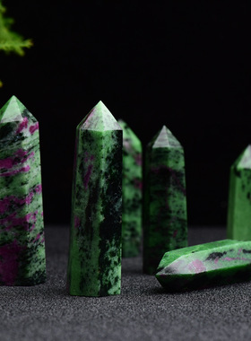 天然红绿宝单尖六棱柱红绿宝原石打磨切割柱摆件定制