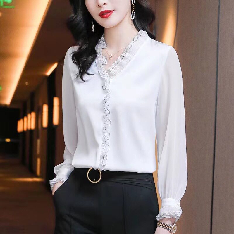 雪纺长袖早秋白衬衫上衣女新款2026年时尚洋气春秋季立领打底衬衣