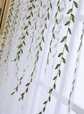 刺绣窗帘纱田园印花绿色胶印柳叶窗纱透明绣花纱料 双层成品窗帘