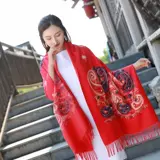 Демисезонный этнический утепленный длинный шарф, из хлопка и льна, этнический стиль