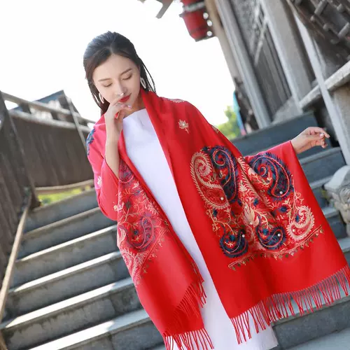 Демисезонный этнический утепленный длинный шарф, из хлопка и льна, этнический стиль