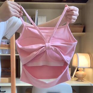 粉色蝴蝶结美背吊带背心女夏季新款粉嘟嘟显嫩露背小心机打底上衣
