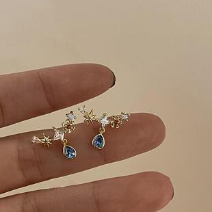 S925银针温柔法式蓝色水滴耳钉女新款超仙气质雪花耳环耳饰品
