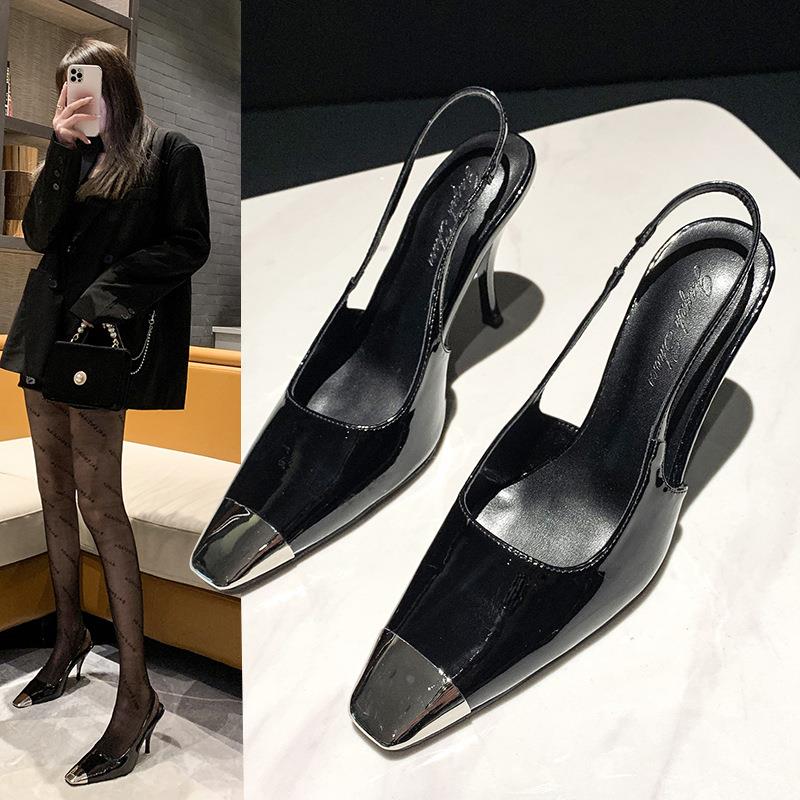 黑色法式高跟凉鞋女外穿高级感名媛御姐气质方头细跟包头凉鞋定制