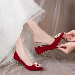 细跟绒面高跟鞋 酒红色婚鞋 夏季 新 红秀禾2023年新款 女结婚中式