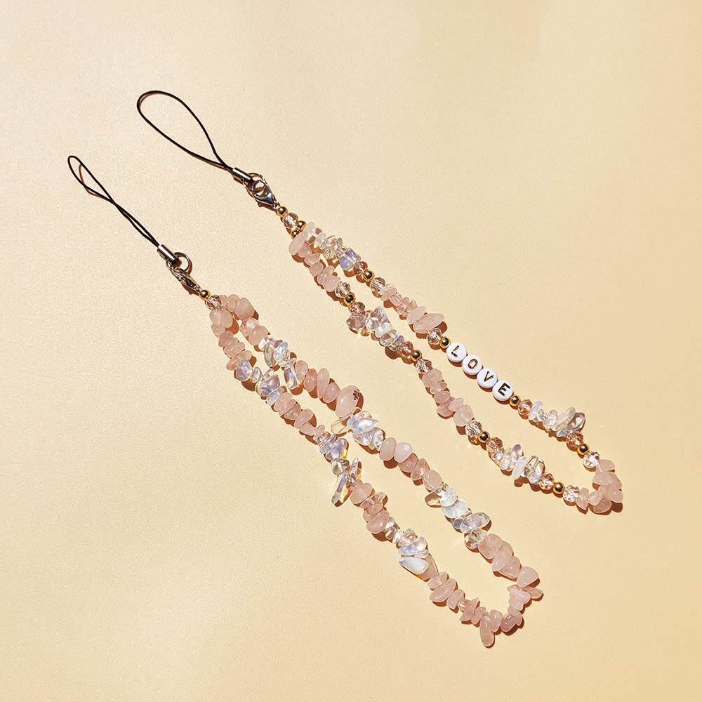 字母LOVE手机链粉晶蛋白石碎石水晶串珠龙虾扣挂绳手机挂绳女