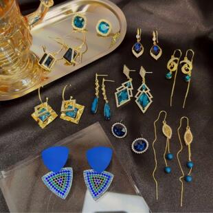 银针长款欧美宫廷风克莱因蓝耳钉几何水滴钻石流苏爱心锆石耳环女