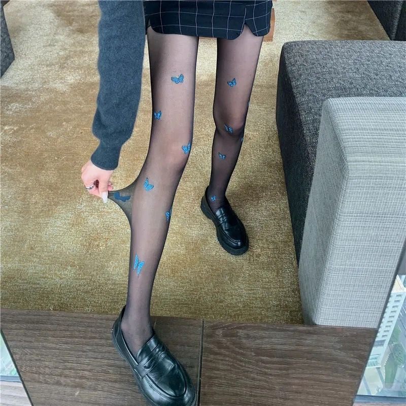 新款白色欲风jk萝莉丝袜仙女蓝色蝴蝶印花黑丝薄款打底丝袜裤女