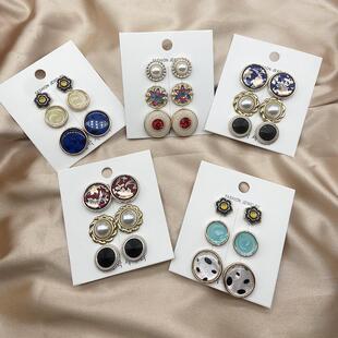 新款多件套组合耳钉套装韩版简约耳夹个性耳饰树脂豹纹花朵耳环女